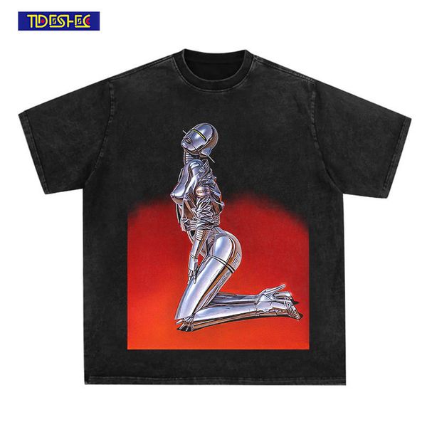

men's t-shirts hip hop harajuku streetwear vintage t-shirt cartoon robot print washed short sleeve summer oversized cotton casual men t, White;black