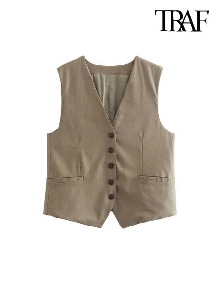

vests traf women fashion front false welt pockets linen waistcoat vintage sleeveless front buttons female outerwear chic, Black;white