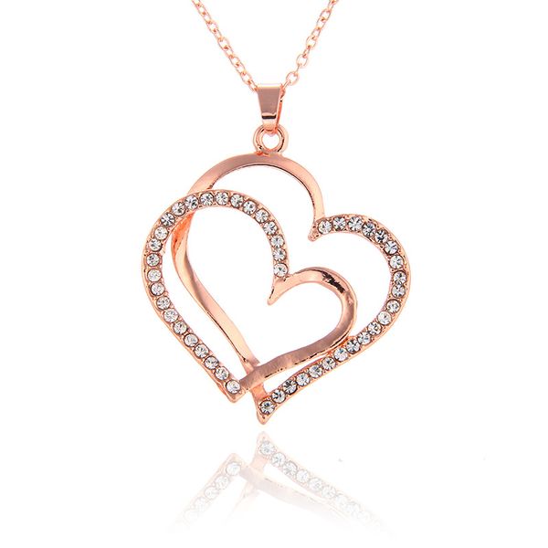 

wholesale double-deck peach heart shape pendant necklace inlaid zircon rhinestone twinkle decorate adjeustable length plating white k rose g, Silver