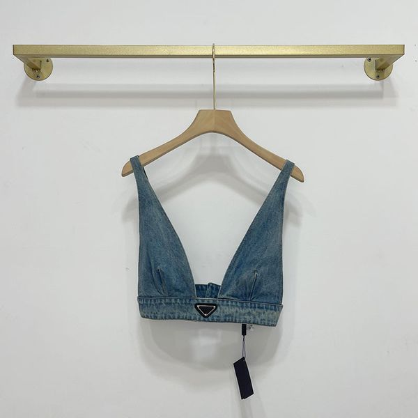 

summer women's washed denim tank with triangle label bra and open back vest fashion versatile, White