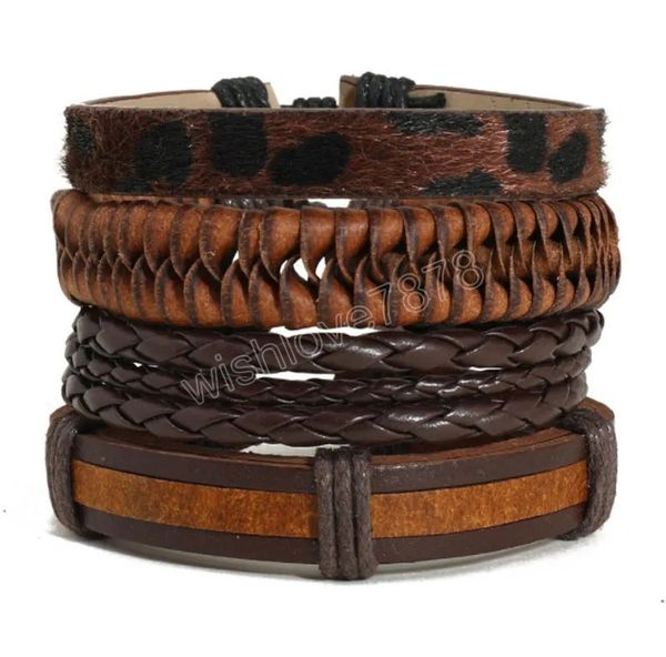 

rope leather handmade braided multilayer charm bracelets set adjustable bangle party jewelry for men women, Golden;silver