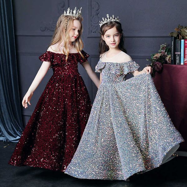 

girl's dresses 2-14 years elegant girl formal evening dress bows children first communion dress princess ball gown wedding party sequin, Red;yellow
