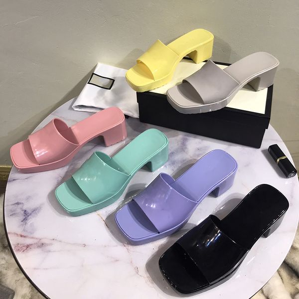 

2023 women luxurys designers sandals high heels rubber slide sandal platform slipper chunky 2.4"heel height black shoes summer fashion
