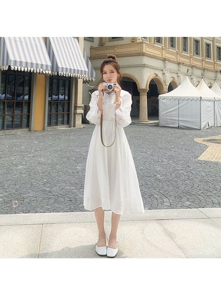 

casual dresses korean version of white dress spring long-sleeved french niche fashion gentle style thin and high-temperament long dress 2303, Black;gray