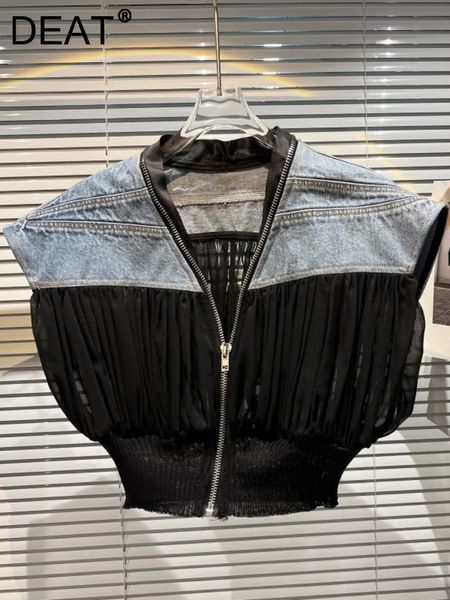 

women's vests deat spring fashion women's tank round neck sleeveless mesh panel denim contrast blouse women's street ww77205l, Black;white