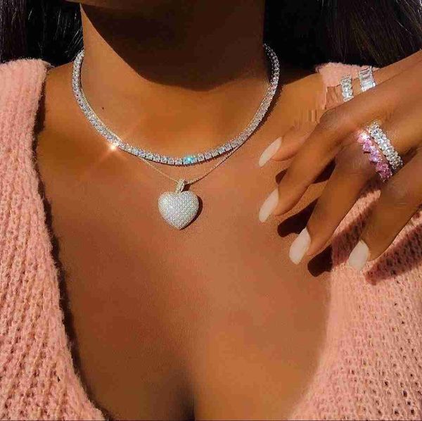 

2023 iced out bling women jewelry micro pave 5a cz cubic zirconia big heart pendant tennis chain sparking necklace, Silver