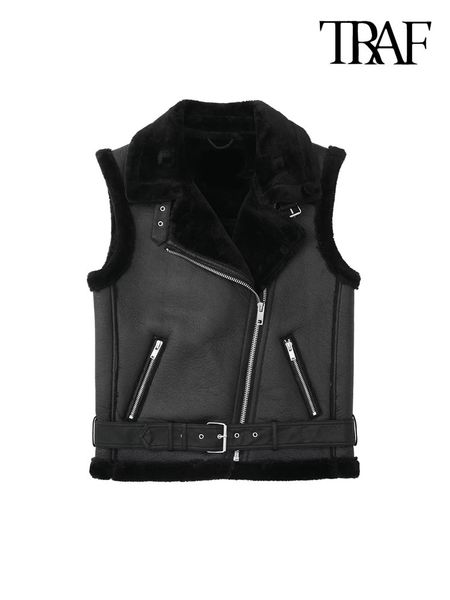 

women's vests traf women's fashion thick thermal artificial wool coat vintage sleeveless zip pocket women's coat fashion tank, Black;white