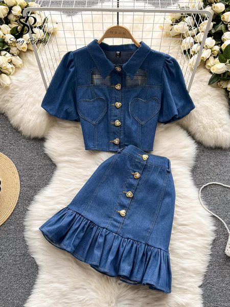 

two piece dress singreiny french style denim women sets summer single breasted lapel midi a line skirt two piece set 230329, White