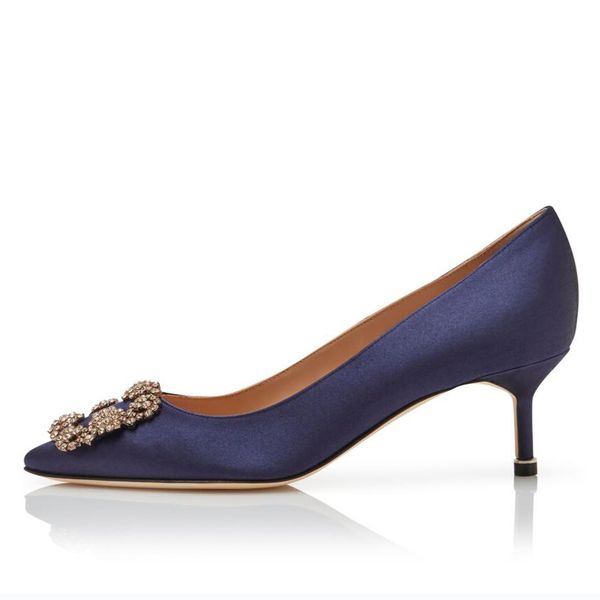

fashion luxury women sandals pumps hangisi 50 navy blue white satin jewel buckle pump italy lady refined pointed toe designer summer sandal, Black