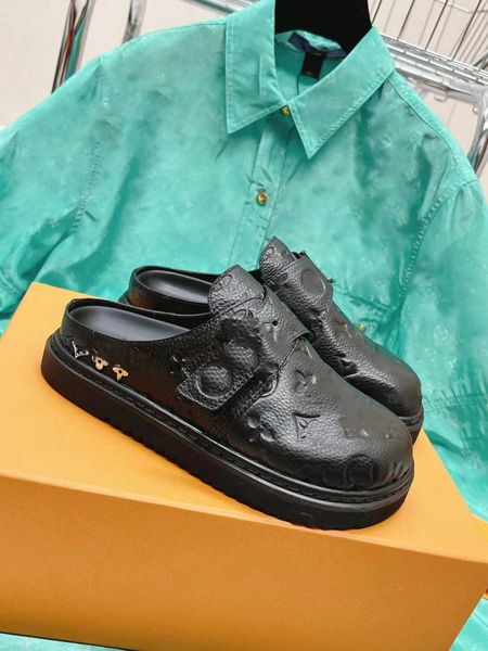 

easy mule sandal designers slippers cosy comfort slipper men women flat sandals genuine leather mules adjustable strap slides classsic beach, Black