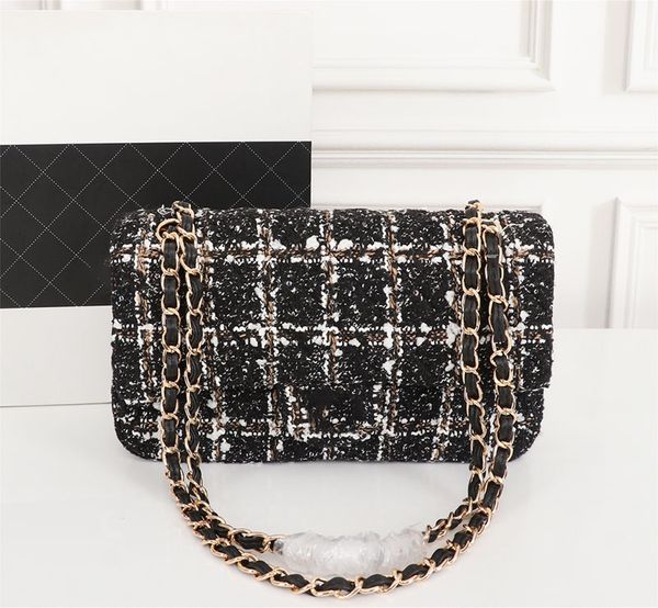 

classic tweed double flap designer bags two-tone sequin large capacity gold hardware rectangular famous luxury clutch street tote handbags 2