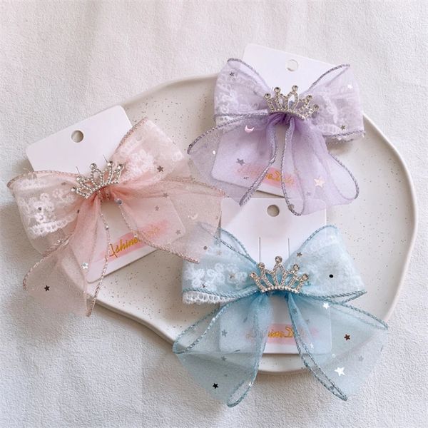 

2023 new fashion sweet girl princess cute crown hair clip hair accessories korean children's lace yarn bow hairpins headwear, Slivery;white