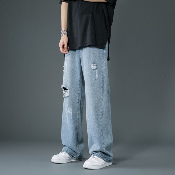 

men's jeans spring summer men's ripped wide leg jeans korean trend straight baggy denim pants male vintage blue trousers 230329