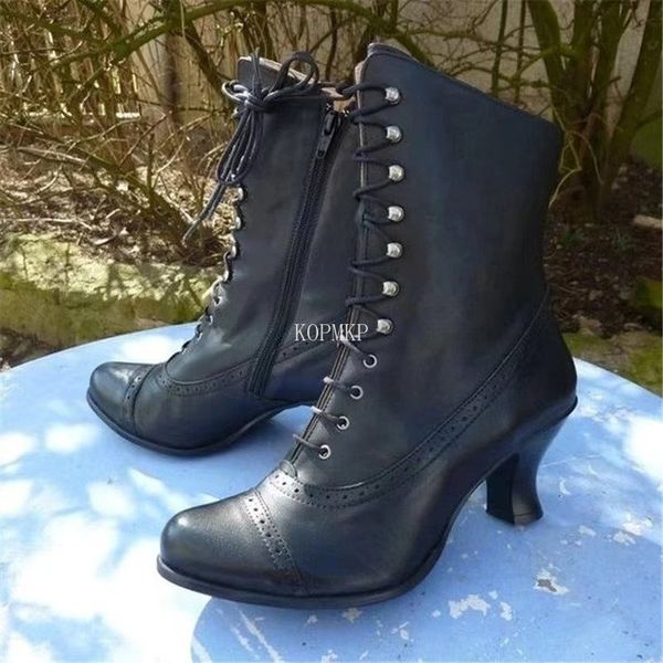 

boots fashion soft pu leather women boots high heel pointed toe zipper short boots cross lace up dress pumps 230329, Black