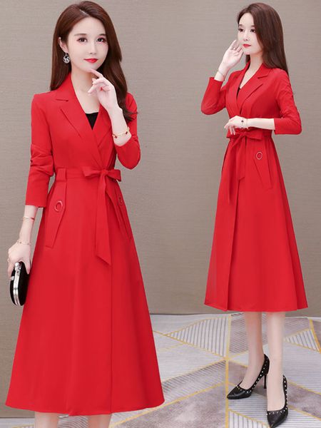 

women's trench coats vintage women single breasted casual streetwear turndown collar fashion temperament mid long clothing autumn 2303, Tan;black