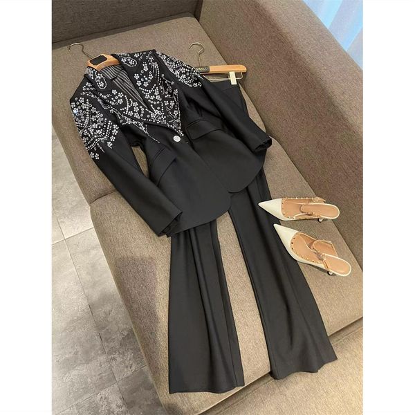 

women's suits blazers luxury beaded turn down collar blazers coat ol slim waist diamonds suit cardigan beaded wide legs pants 2pcs set, White;black