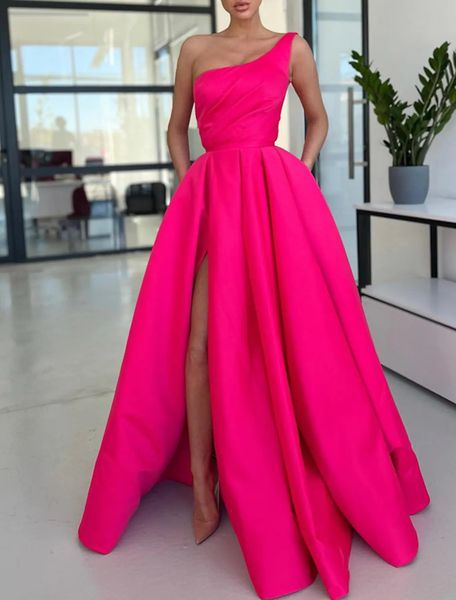 

a-line formal evening dress 2023 floor length sleeveless one shoulder satin silt prom party gown robe de soiree, Black;red