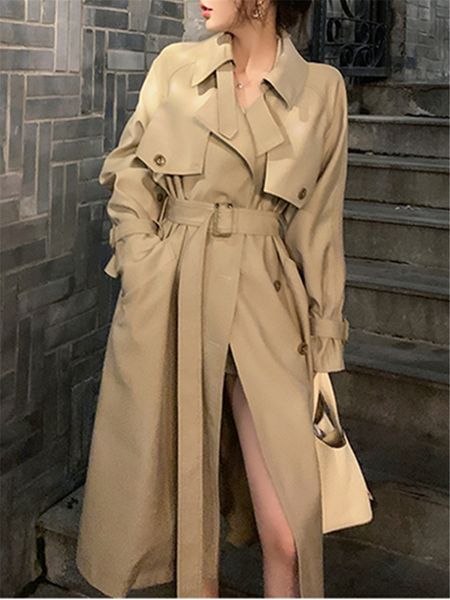 

women's trench coats long women autumn winter double breasted belted loose korean jacket office lady outerwear female fashion 230329, Tan;black