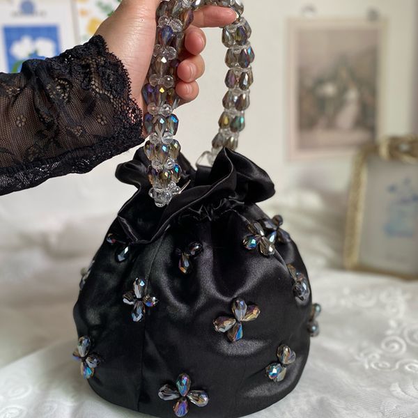 

evening bags trendy satin hobo bag women's handbag handmade beading handle bucket purse dinner party evening bag shoulder crossbody bag