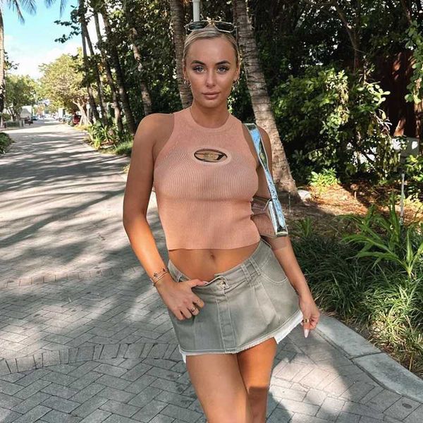 

designer womens knitted round neck vest sleeveless tank fashion casual short open umbilical versatile t-shirt women camisoles, White