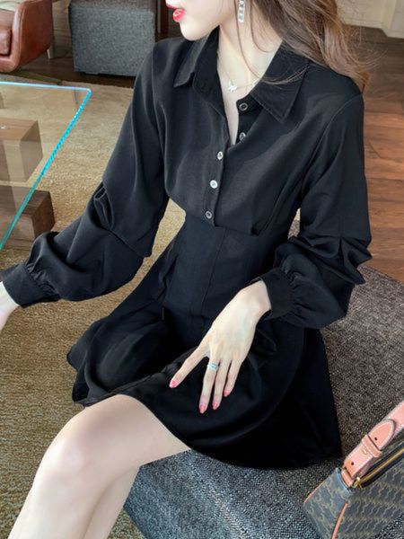 

casual dresses qweek fashion black wrap shirt dress women office ladies elegant short dresses korean style kpop casual robes female autumn 2, Black;gray