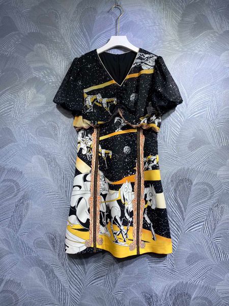 

v-neck printed short sleeve dress fashion slim fit slim medium length dress, Black;gray