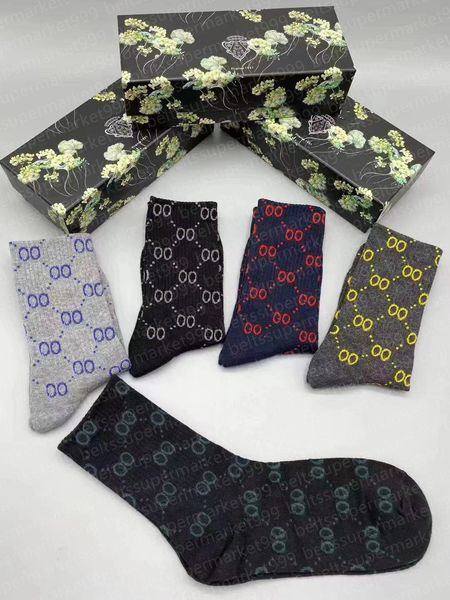

men's and women's tall socks spring and autumn fashion designer five pairs luxury classic mesh print socks alphabet cotton man wit, Black