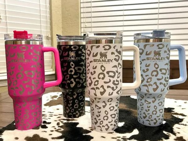 

stanley 40oz leopard print reusable tumbler quencher with handle and straw stainless steel insulated travel mug tumbler insulated water bott