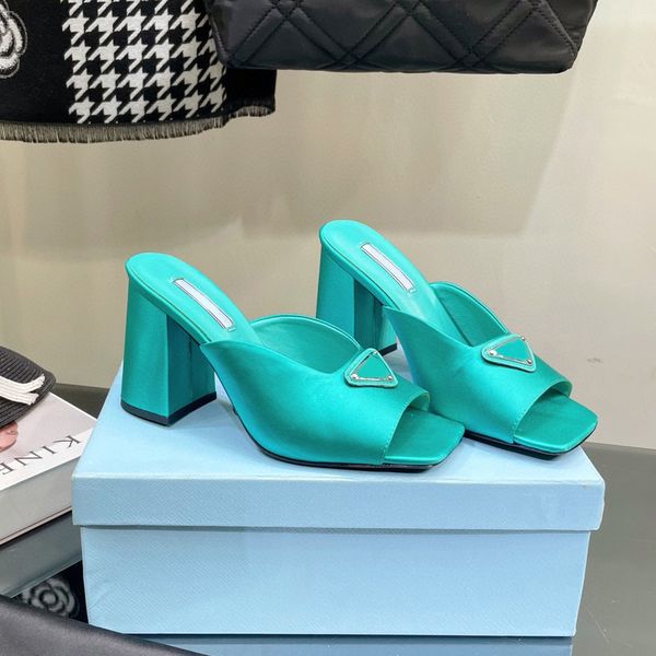 

satin silk triangle open-toe slippers mule slides sandals chunky heels slip on block high heeled shoes women's luxury designer leather, Black