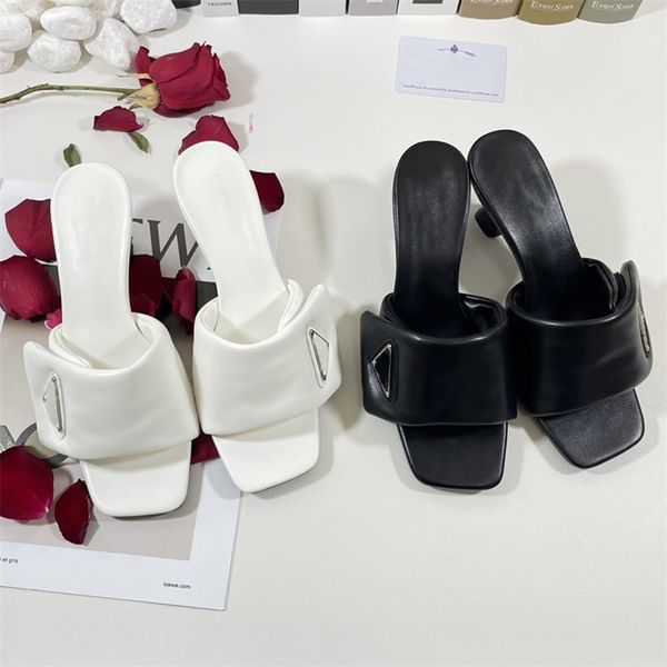 

designer leather medium heeled women's sandals fashion high heeled black white triangular slippers 35-40