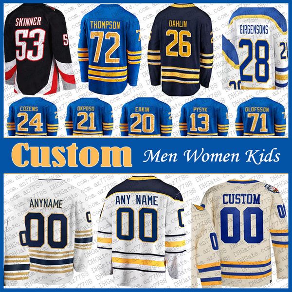

26 rasmus dahlin 89 alex tuch hockey jersey custom 21 kyle okposo zemgus girgensons tage thompson jeff skinner craig anderson dylan cozens o, Black;red