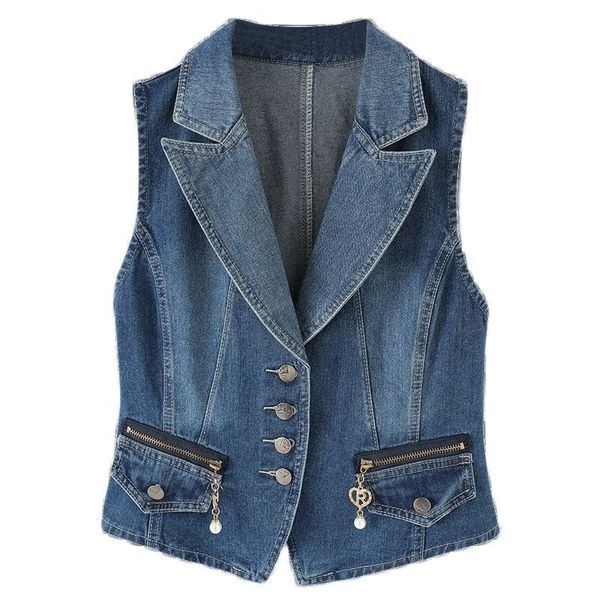 

women's vests spring and autumn suit neckline denim women's tank short sleeve single breast fashion motorcycle women's 23032, Black;white