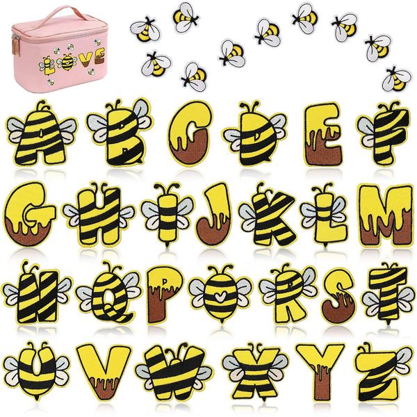 

5.5cm bee emboridered patches sewing notion cute cartoon bee elements letters a-z iron on patches for bags jackets t-shirt hats clothes diy, Black