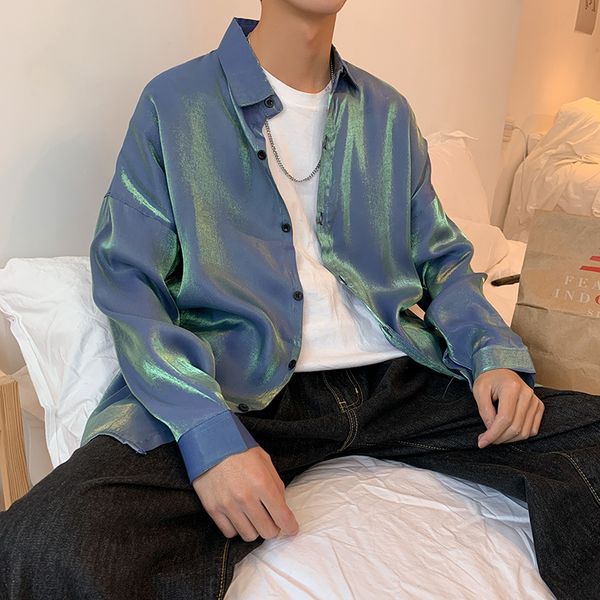 

men's casual shirts men's shirts hip-pop sun protection clothing blouse long sleeve male fashion bright shirts teen korean loose b, White;black