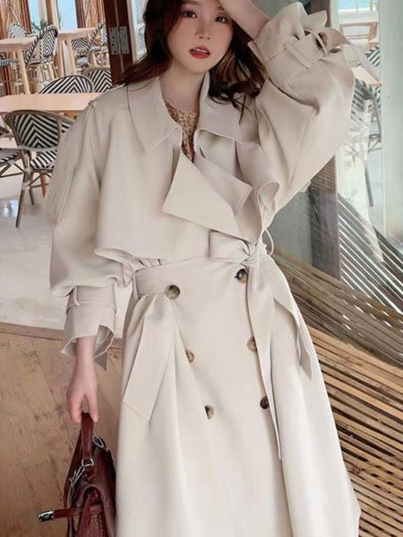 

women's trench coats korea loose oversize doublebreasted long women white black duster windbreaker lady outerwear autumn clothes 230329, Tan;black
