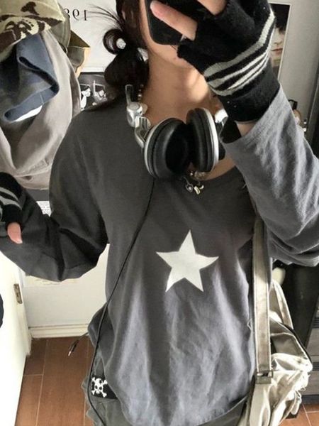 

women's tshirt y2k long sleeve women's star print graphic spring gothic junk street clothing loose basic women's tshirt emo 2, White