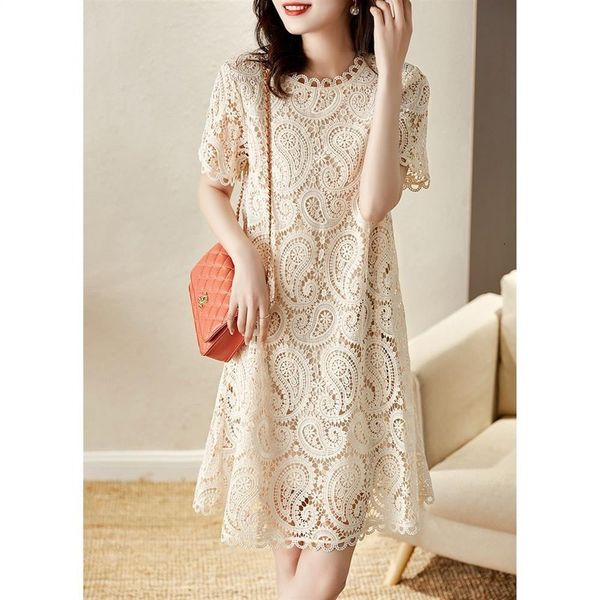 

casual dresses lace hollow out short sleeve elegant solid mini dress women summer round neck loose korean style ladies casual dress clothes, Black;gray