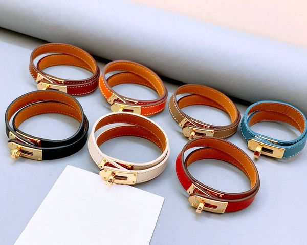 

designer women bangle bracelet leather rivets fashion h gold and silver buckle punk style narrow double ring couple same style bracelet men, Black