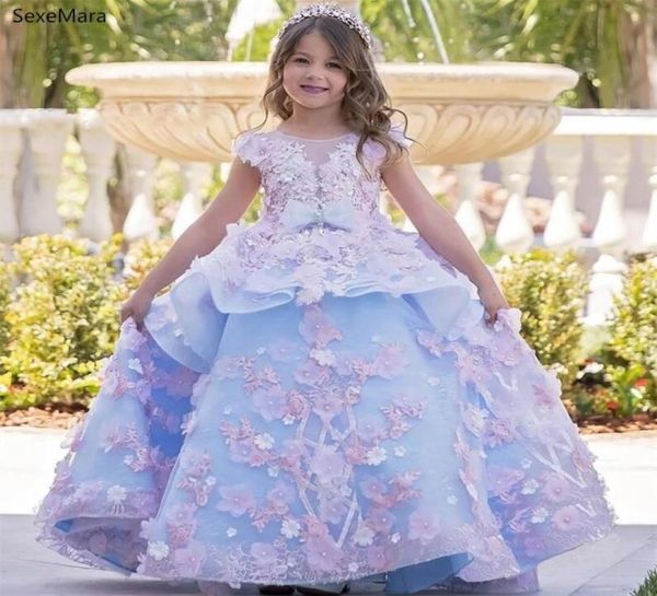 

adorable blue ball gown flower girl dresses princess lace appliques jewel neck toddler birthday party gowns8543551, White;blue