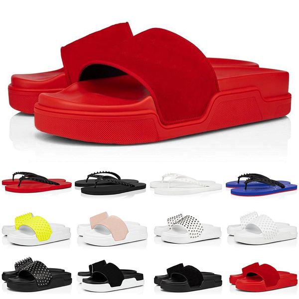 

men women luxury slippers sandals slides triple black white red rivet flat flip flops beach l platform indoor sandal with box size 38-46