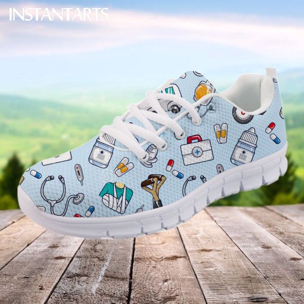 

dress shoes instantarts spring nurse flat shoe cute cartoon nurses printed women's sneakers breath mesh flats zapatos de mujer 230328, Black