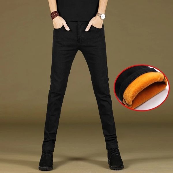 

men's jeans winter comfortable warm fleece thick men's slim fit jeans classic brand clothing fashion stretch trendy men young feet, Blue