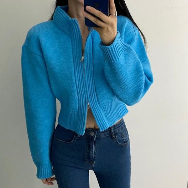 

fancy woman women's knits cardigan women double zipper solid full sleeve crop girls autumn winter knitted sweater, White