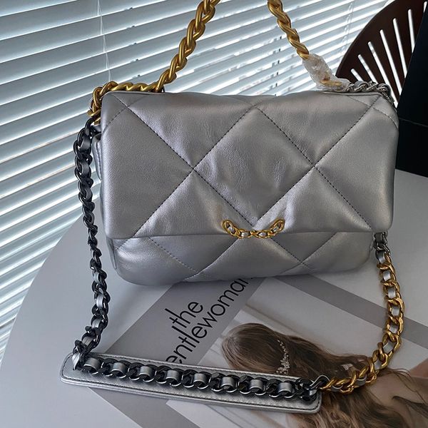 

19 series womens metallic quilted bags with seral number silver gold metal hardware chain handle totes crossbody shoulder handbags large cap