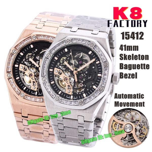 

k8 factory watches 15412 rose gold 41mm automatic mens watch baguette bezel skeleton dial stainless steel bracelet gents wristwatches, Slivery;brown