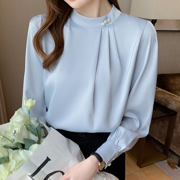 

women s blouses shirts satin shirt long sleeve s fashion pearls beading stand collar bottoming fall chiffon blouse 230330, White