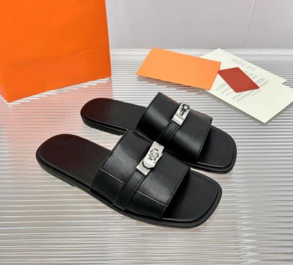 

gabriel sandal luxury woman slipper flats desinger slippers slide kelly buckle casual flip flop outdoor footwear beach rubber sole nappa lea, Black