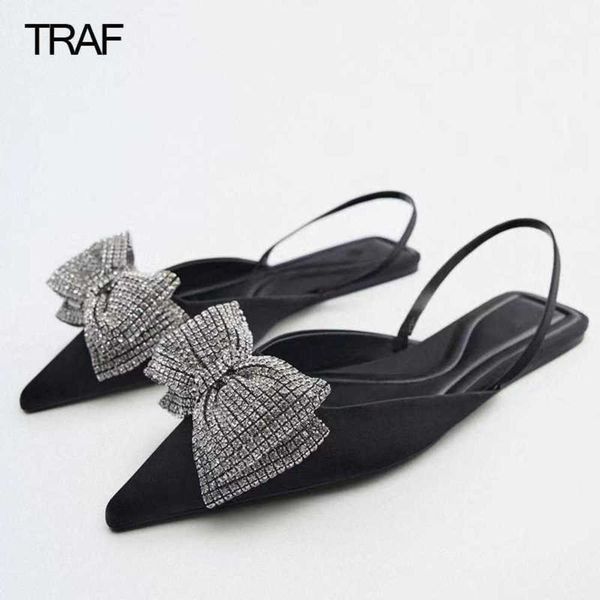 

dress shoes summer 2022 za bow flat shoes women luxury brand woman shoe butterfly rhinestone flat-heeled shoes office low heel flats 221130, Black