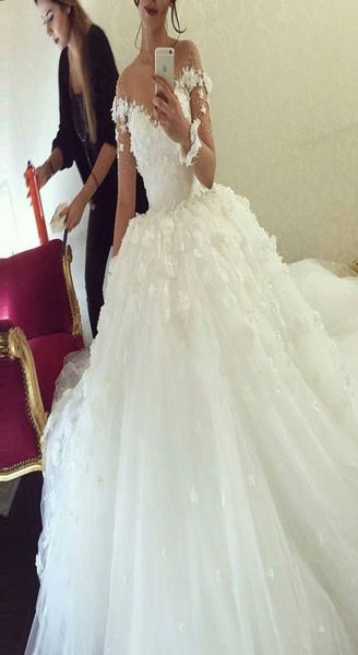 

ball gown lace wedding dresses 3d floral applique princess puffy wedding gowns lace applique bridal dress vestido de noiva bridal 1315619, White