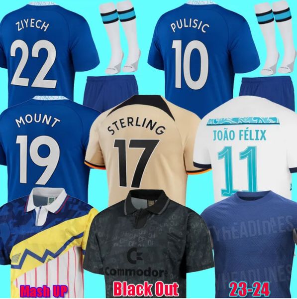 

22 23 sterling soccer jerseys t shirt enzo mount joao felix havertz mudryk jorginho ziyech 2023 pulisic james football shirt kante men kids, White;black